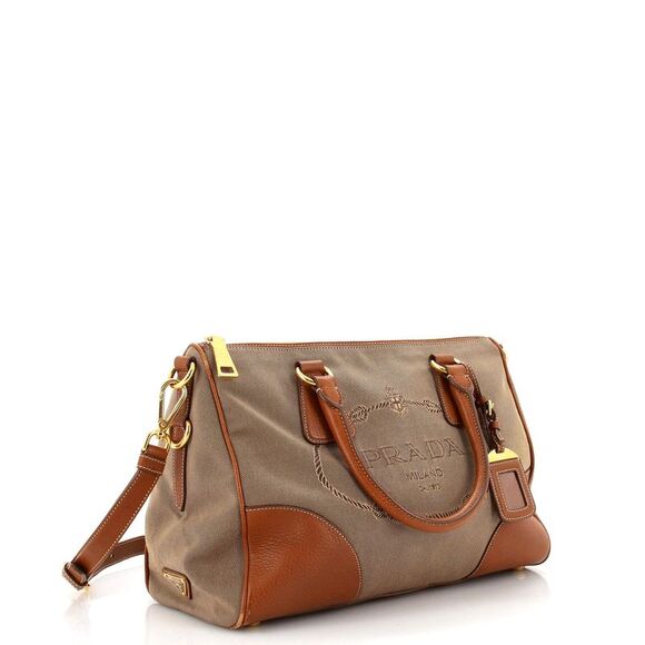 Prada Logo Convertible Zip Satchel Canvas with Leather Large Brown - Picture 2 of 9